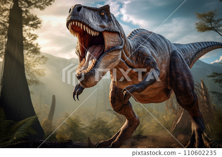Tyrannosaurus rex roaring in a prehistoric forest with ferns and sunlight 110602235