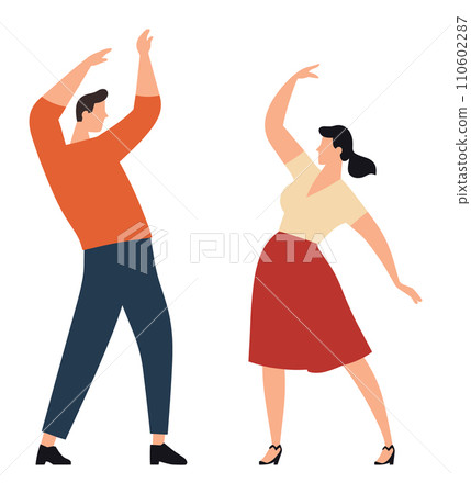 Man and woman dancing together, casually dressed, simple flat design. Joyful couple performing dance moves, modern style vector illustration. 110602287