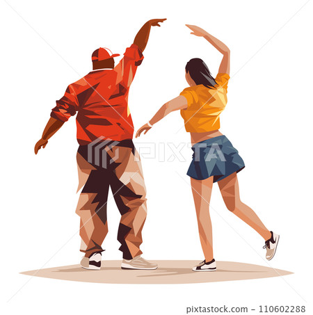 Two young adult dancers, man and woman, performing hip hop. Street dance performance, joyful movement, and positive energy vector illustration. 110602288
