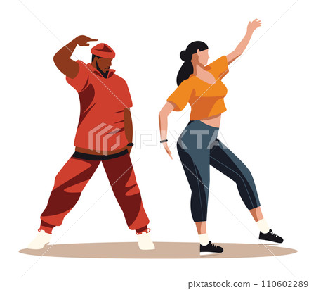 African man and Caucasian woman dancing hip hop. Energetic young adults in casual clothing performing street dance moves. Urban culture and dance lifestyle vector illustration. 110602289