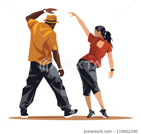 African-American man in a hat and woman dancing together. Stylish dancers performing street dance moves. 110602290