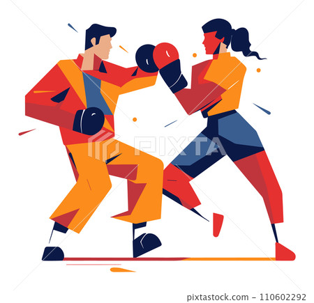 Male and female boxers in a boxing match. Energetic boxing stance, competitive sports illustration. Gender equality in sports theme, vector illustration. Male and female boxers in a boxing match. Energetic boxing stance, competitive sports illustration. Gender equality in sports theme, vector illustration. 110602292