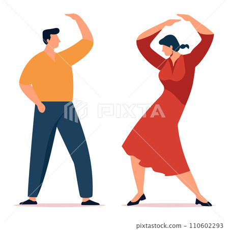 Man and woman dance flamenco, male in orange shirt, female in red dress. Spanish dance performance, passion and traditional culture vector illustration. 110602293