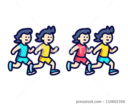 children running side by side in athletic outfits. Cartoon kids engage in a friendly race, expressing happiness and energy. Child fitness and playful activity vector illustration. 110602308