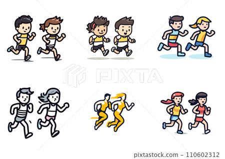 Set of diverse couples jogging together, engaged in a healthy, active lifestyle. Cartoon characters running, fitness exercise. Vector illustration 110602312