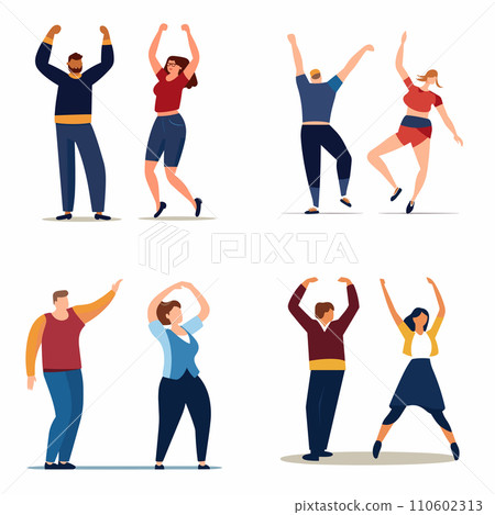 Group of four people dancing joyfully, two men and two women in casual attire. Happy leisure activity and dance concept vector illustration. Group of four people dancing joyfully, two men and two women in casual attire. Happy leisure activity and dance concept vector illustration. 110602313