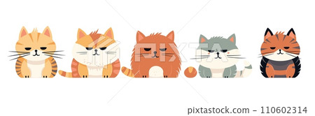 Five cute cats with various stripes and expressions are depicted in a vector illustration. Five cute cats with various stripes and expressions are depicted in a vector illustration. 110602314