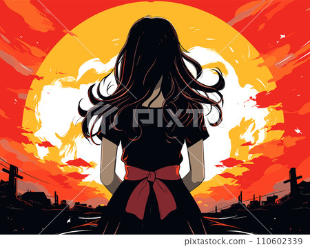 Girl watching sunset in cemetery, evoking feelings of solitude and reflection. Peaceful yet somber moment, introspection at dusk vector illustration. 110602339