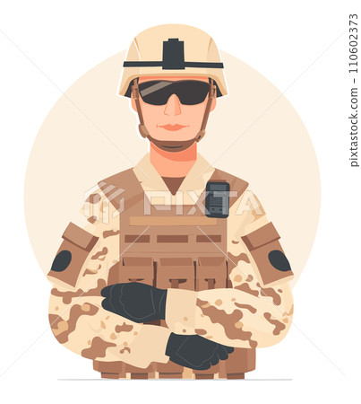 Military man in camo with helmet and sunglasses, standing confidently, arms crossed. Soldier in uniform ready for duty vector illustration. 110602373