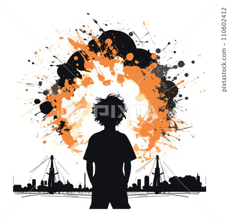 Silhouette of young person with messy hair standing before explosive splash of orange and black ink. City skyline and bridge backdrop. Creative expression and urban chaos vector illustration. Silhouette of young person with messy hair standing before explosive splash of orange and black ink. City skyline and bridge backdrop. Creative expression and urban chaos vector illustration. 110602412