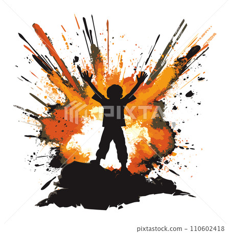 Silhouette of child jumping with arms raised against colorful paint splatter background. Joyful kid celebrating with vibrant explosion of colors. Silhouette of child jumping with arms raised against colorful paint splatter background. Joyful kid celebrating with vibrant explosion of colors. 110602418