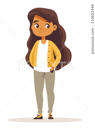 Young Hispanic girl standing with hands in pockets, casual clothing. Confident female character, modern youth vector illustration. Young Hispanic girl standing with hands in pockets, casual clothing. Confident female character, modern youth vector illustration. 110602446