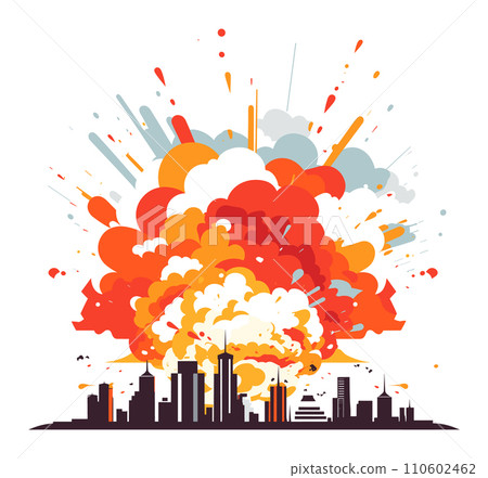 Explosive cityscape, vibrant colors, stylized explosion over skyline. Urban destruction, fiery blast impact, colorful city vector illustration. Explosive cityscape, vibrant colors, stylized explosion over skyline. Urban destruction, fiery blast impact, colorful city vector illustration. 110602462