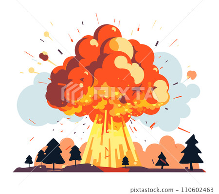 Giant explosion with mushroom cloud in the forest. Catastrophic event, nature vs manmade disaster. Apocalyptic scenario, fiery blast vector illustration. Giant explosion with mushroom cloud in the forest. Catastrophic event, nature vs manmade disaster. Apocalyptic scenario, fiery blast vector illustration. 110602463