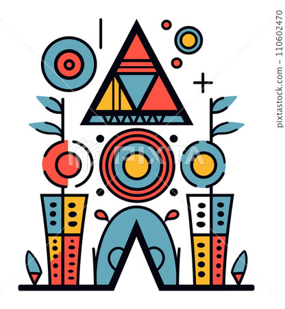 Colorful abstract geometric shapes and botanical elements. Modern art design with circles, triangles, and foliage. Geometric art and nature fusion vector illustration. 110602470