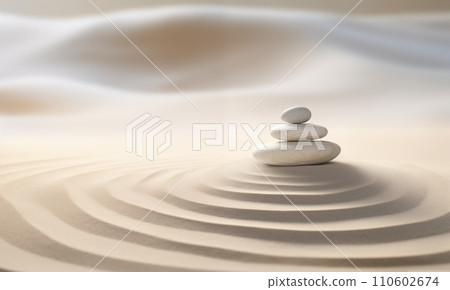 Zen stones stack on raked sand in a minimalist setting for balance and harmony Zen stones stack on raked sand in a minimalist setting for balance and harmony 110602674