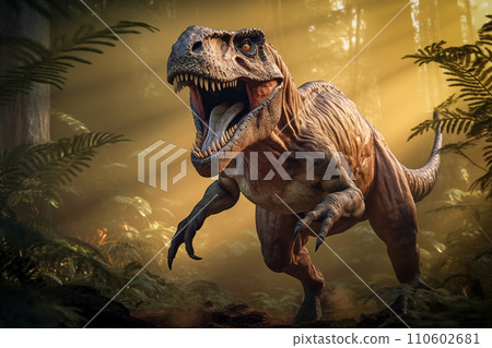 Tyrannosaurus rex roaring in a prehistoric forest with ferns and sunlight 110602681