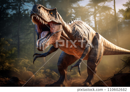 Tyrannosaurus rex roaring in a prehistoric forest with ferns and sunlight Tyrannosaurus rex roaring in a prehistoric forest with ferns and sunlight 110602682