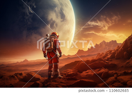 Astronaut Walking on Mars with Mountains and Moon in Background 110602685