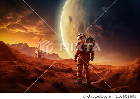 Astronaut Walking on Mars with Mountains and Moon in Background 110602695