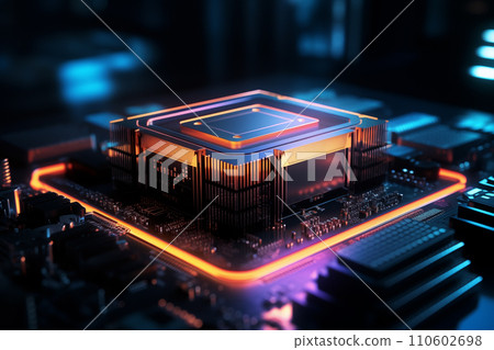 Close-up of a computer processor chip on a motherboard 110602698