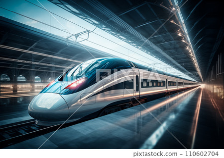 Modern high speed train in futuristic train station Modern high speed train in futuristic train station 110602704