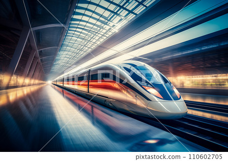 Modern high speed train in futuristic train station Modern high speed train in futuristic train station 110602705