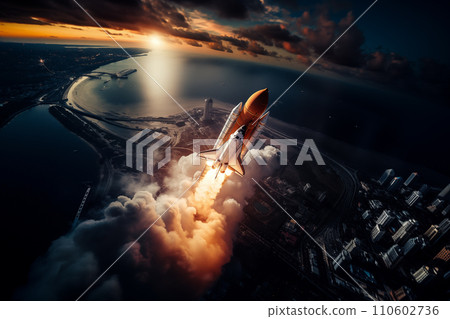 Aerial view of rocket launch at sunrise over ocean coast 110602736