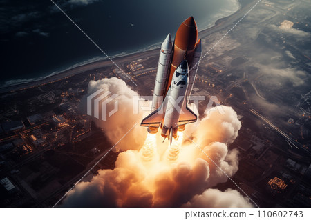 Aerial view of rocket launch at sunrise over ocean coast 110602743