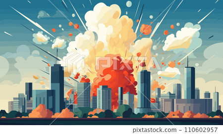 Explosive city skyline with fiery buildings and smoke. Catastrophe and disaster urban scene. Apocalypse and destruction concept vector illustration. 110602957