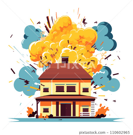 Explosion in a two-story house with a blast cloud, flying debris, and smoke. Home emergency and destruction concept vector illustration. 110602965