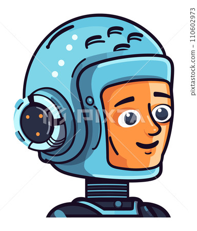 Smiling cartoon astronaut with blue helmet. Friendly space explorer character vector illustration. Space adventure, kids imagination, cartoon spaceman concept. Smiling cartoon astronaut with blue helmet. Friendly space explorer character vector illustration. Space adventure, kids imagination, cartoon spaceman concept. 110602973