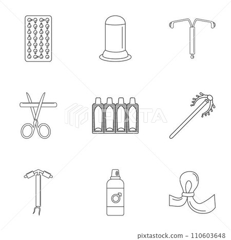 Modern contraception icon set. Outline set of 9 modern contraception vector icons for web design isolated on white background 110603648