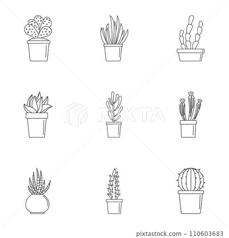Cacti icon set. Outline set of 9 cacti vector icons for web design isolated on white background 110603683
