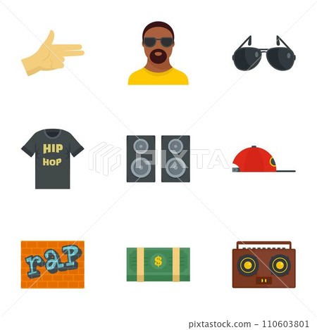 Street rap icon set. Flat set of 9 street rap vector icons for web design Street rap icon set. Flat set of 9 street rap vector icons for web design 110603801