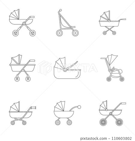 Pram stroller icon set. Outline set of 9 pram stroller vector icons for web design isolated on white background Pram stroller icon set. Outline set of 9 pram stroller vector icons for web design isolated on white background 110603802