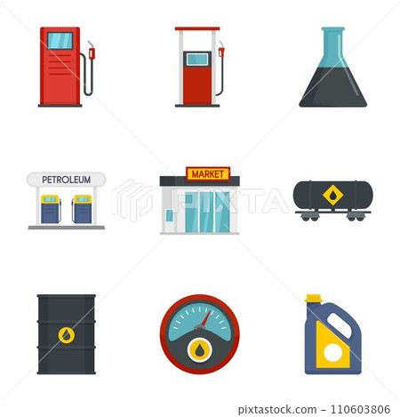 Petrol fuel icon set. Flat set of 9 petrol fuel vector icons for web design Petrol fuel icon set. Flat set of 9 petrol fuel vector icons for web design 110603806