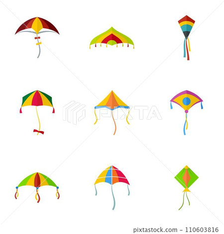 Cute fly kite icon set. Flat set of 9 cute fly kite vector icons for web design Cute fly kite icon set. Flat set of 9 cute fly kite vector icons for web design 110603816