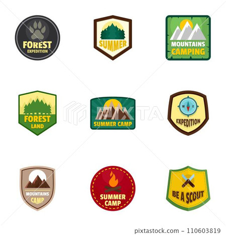 Camp expedition logo emblem set. Flat set of 9 camp expedition vector logo emblem for web design 110603819