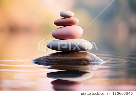 Zen stone stack on water with nature background for balance and harmony 110603846