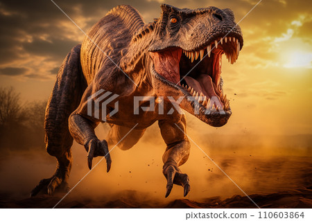 Tyrannosaurus rex roaring in a prehistoric forest with ferns and sunlight Tyrannosaurus rex roaring in a prehistoric forest with ferns and sunlight 110603864