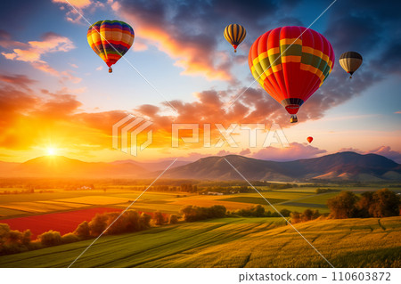 Colorful hot air balloons over blooming field meadow at sunset Colorful hot air balloons over blooming field meadow at sunset 110603872
