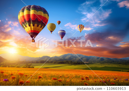 Colorful hot air balloons over blooming field meadow at sunset 110603913