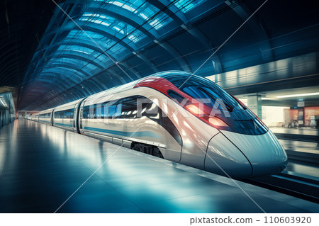 Modern high speed train in futuristic train station Modern high speed train in futuristic train station 110603920