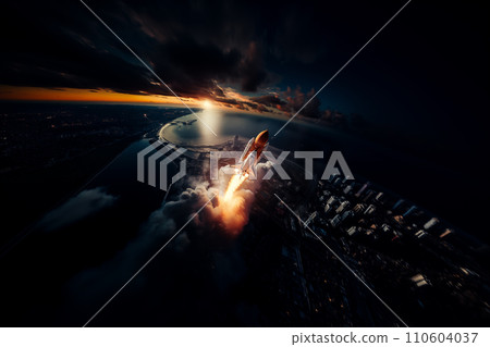 Aerial view of rocket launch at sunrise over ocean coast Aerial view of rocket launch at sunrise over ocean coast 110604037