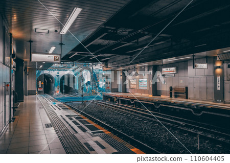 Nov 28 2023 Railway Station with Subway Train and Rail Tracks Nov 28 2023 Railway Station with Subway Train and Rail Tracks 110604405