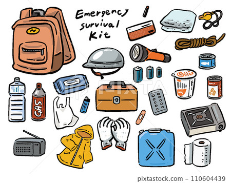 Disaster prevention goods hand-drawn style illustration set 110604439
