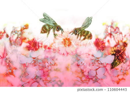 Background painting illustration of a beautiful flower garden with two bees flying Background painting illustration of a beautiful flower garden with two bees flying 110604443