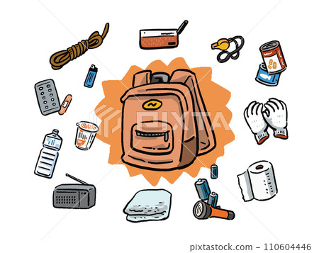 Disaster prevention goods, mainly backpacks, hand-drawn style illustrations Disaster prevention goods, mainly backpacks, hand-drawn style illustrations 110604446