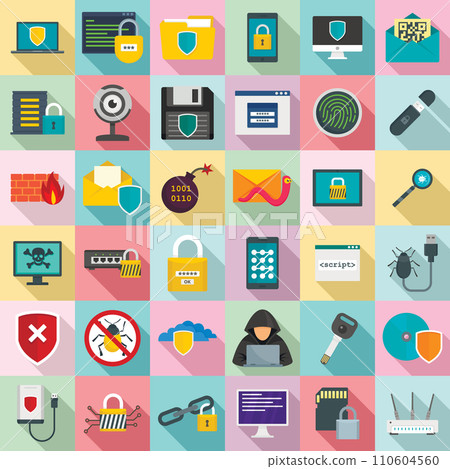 Cyber security icon set. Flat set of cyber security vector icons for web design 110604560